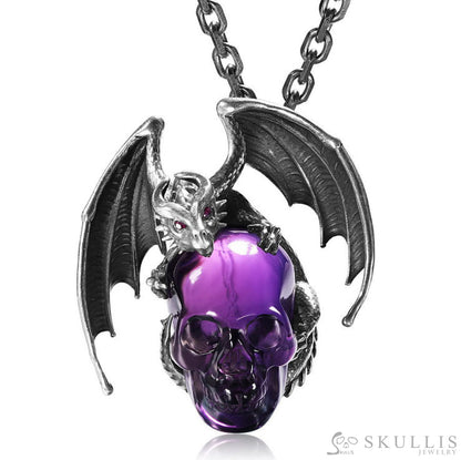 Gem Skull Pendant Necklace Of Amethyst Carved Skull With Ruby - Eye Dragon In Blackened