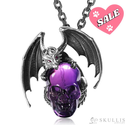 Gem Skull Pendant Necklace Of Amethyst Carved Skull With Ruby - Eye Dragon In Blackened