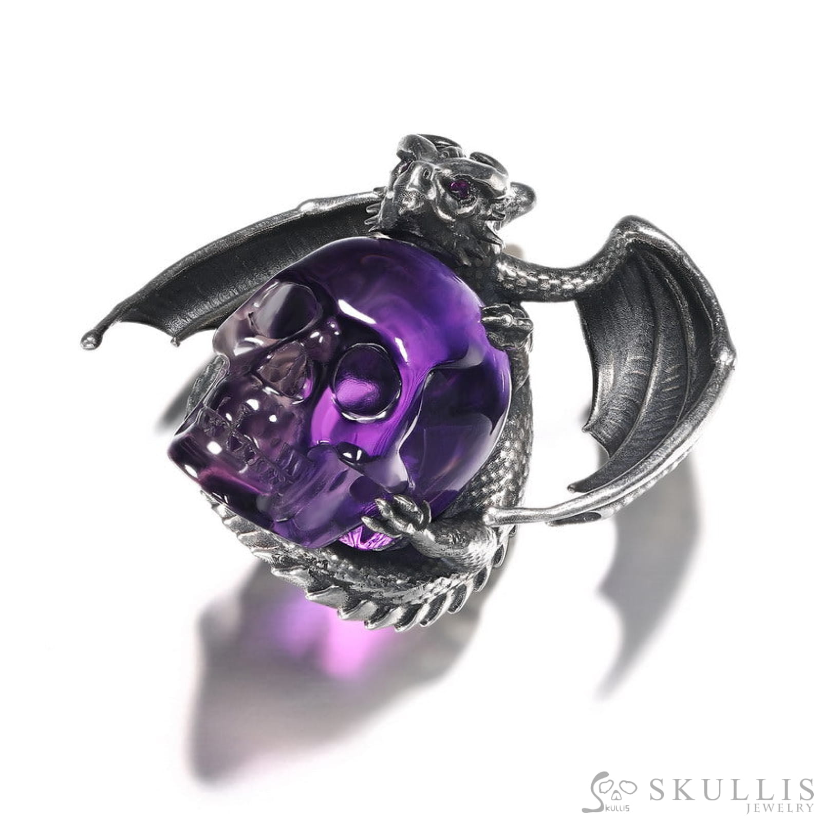 Gem Skull Pendant Necklace Of Amethyst Carved Skull With Ruby - Eye Dragon In Blackened