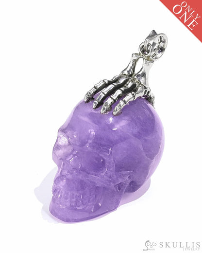 Gem Skull Pendant Necklace Of Amethyst Crystal Carved Skull With Detachable Silver Jaw In