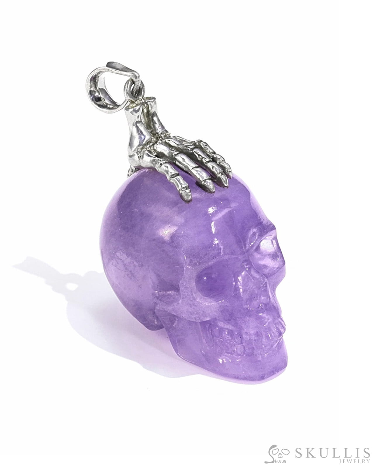 Gem Skull Pendant Necklace Of Amethyst Crystal Carved Skull With Detachable Silver Jaw In