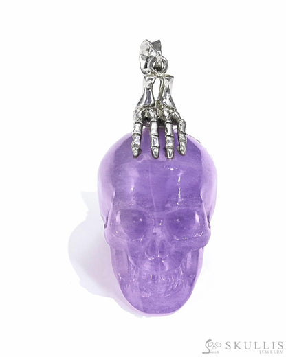 Gem Skull Pendant Necklace Of Amethyst Crystal Carved Skull With Detachable Silver Jaw In