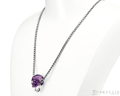 Gem Skull Pendant Necklace Of  Amethyst Crystal Carved Skull With Detachable Silver Jaw In Sterling