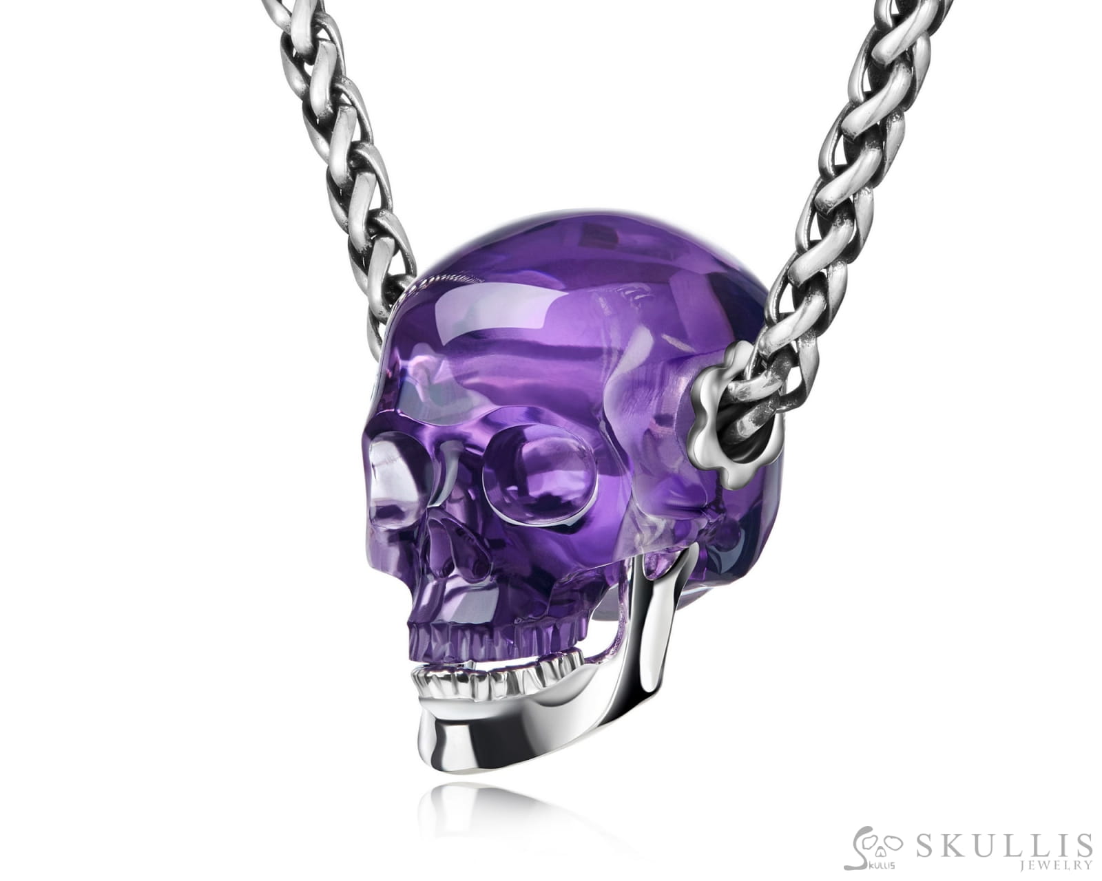 Gem Skull Pendant Necklace Of  Amethyst Crystal Carved Skull With Detachable Silver Jaw In Sterling