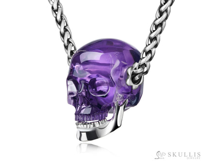 Gem Skull Pendant Necklace Of  Amethyst Crystal Carved Skull With Detachable Silver Jaw In Sterling