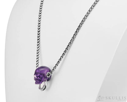 Gem Skull Pendant Necklace Of  Amethyst Crystal Carved Skull With Detachable Silver Jaw In Sterling