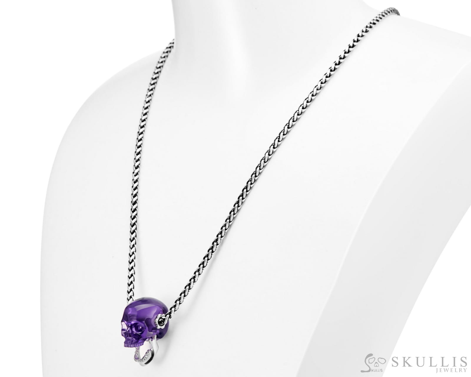 Gem Skull Pendant Necklace Of  Amethyst Crystal Carved Skull With Detachable Silver Jaw In Sterling