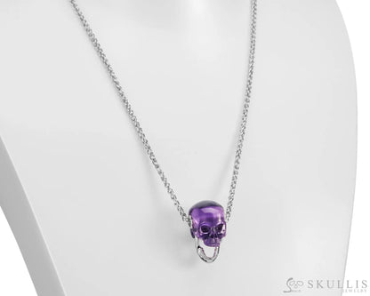 Gem Skull Pendant Necklace Of  Amethyst Crystal Carved Skull With Detachable Silver Jaw In Sterling
