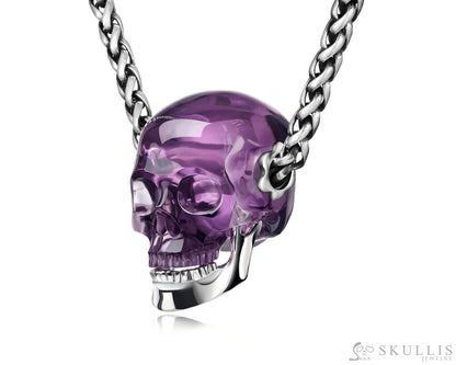 Gem Skull Pendant Necklace Of  Amethyst Crystal Carved Skull With Detachable Silver Jaw In Sterling