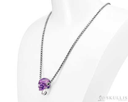 Gem Skull Pendant Necklace of Amethyst Crystal Carved Skull with Detachable Silver Jaw in Sterling Silver - Skull
