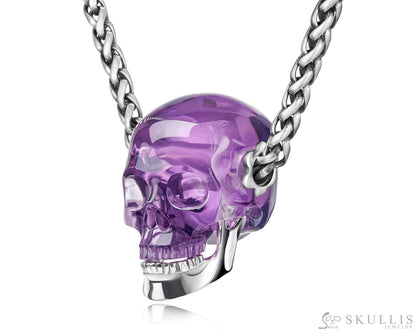 Gem Skull Pendant Necklace of Amethyst Crystal Carved Skull with Detachable Silver Jaw in Sterling Silver - Skull