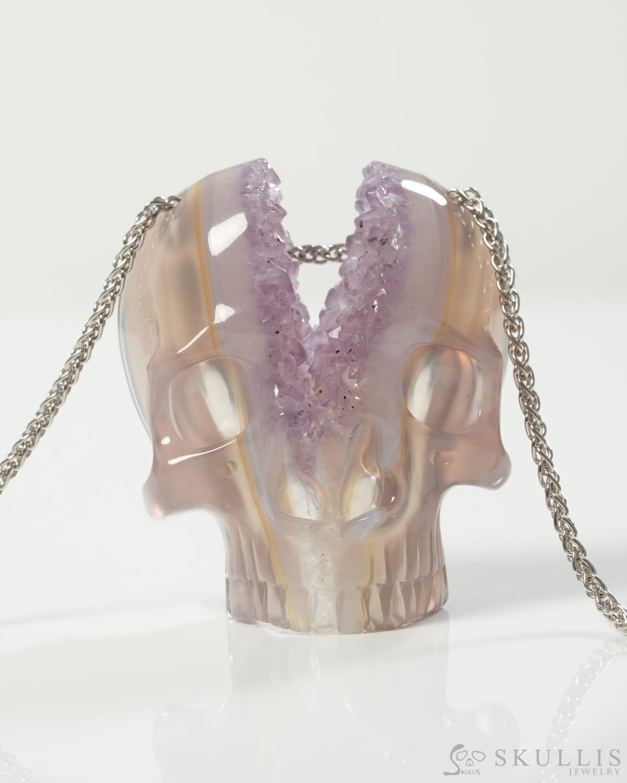Gem Skull Pendant Necklace of Agate Geode Carved Skull 925 Sterling Silver 9800306 Skull Pendants
