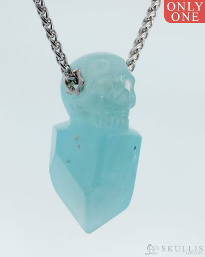 Skullis Signature Aquamarine Gem Skull Pendant Or Necklace Hand Carved Sterling Silver 925 Chain