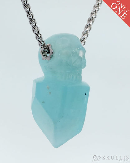 Skullis Signature Aquamarine Gem Skull Pendant Or Necklace Hand Carved Sterling Silver 925 Chain