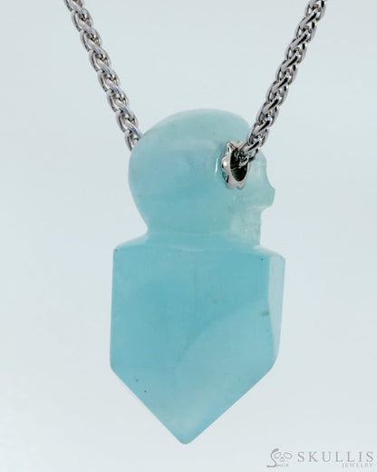 Skullis Signature Aquamarine Gem Skull Pendant Or Necklace Hand Carved Sterling Silver 925 Chain