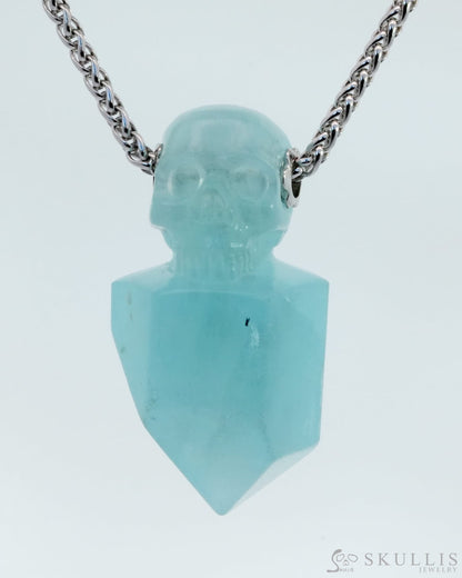 Skullis Signature Aquamarine Gem Skull Pendant Or Necklace Hand Carved Sterling Silver 925 Chain