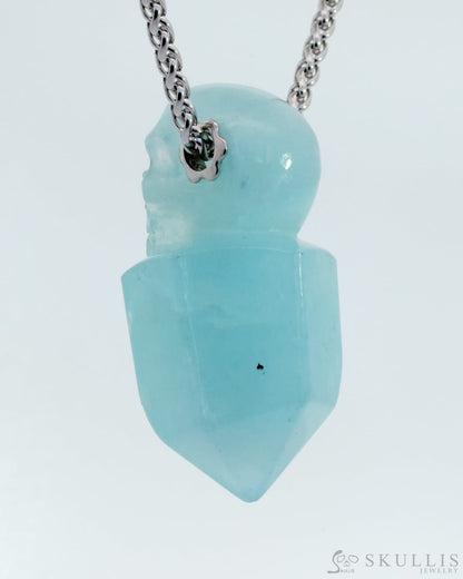 Skullis Signature Aquamarine Gem Skull Pendant Or Necklace Hand Carved Sterling Silver 925 Chain