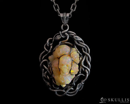 Gem Skull Pendant Necklace Of Australian Opal Hand Carved Skull In Blackened Sterling Silver
