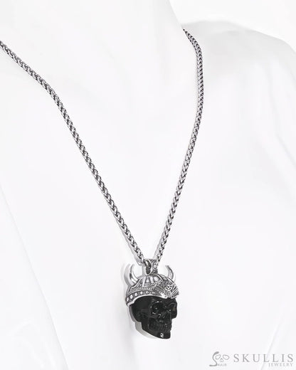 Gem Skull Pendant Necklace of Black Obsidian Carved Skull & 925 Sterling Silver Horned Helmet Skull Pendants