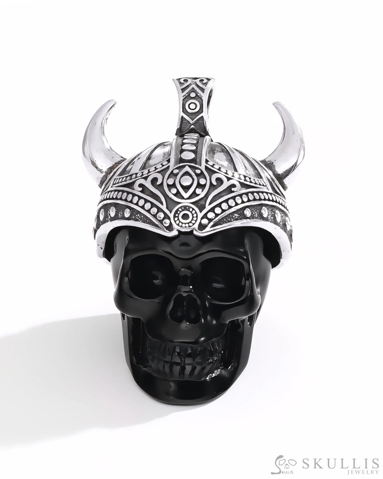 Gem Skull Pendant Necklace of Black Obsidian Carved Skull & 925 Sterling Silver Horned Helmet Skull Pendants