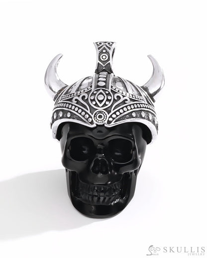Gem Skull Pendant Necklace of Black Obsidian Carved Skull & 925 Sterling Silver Horned Helmet Skull Pendants