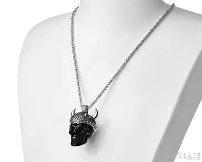 Gem Skull Pendant Necklace of Black Obsidian Carved Skull & 925 Sterling Silver Horned Helmet Skull Pendants