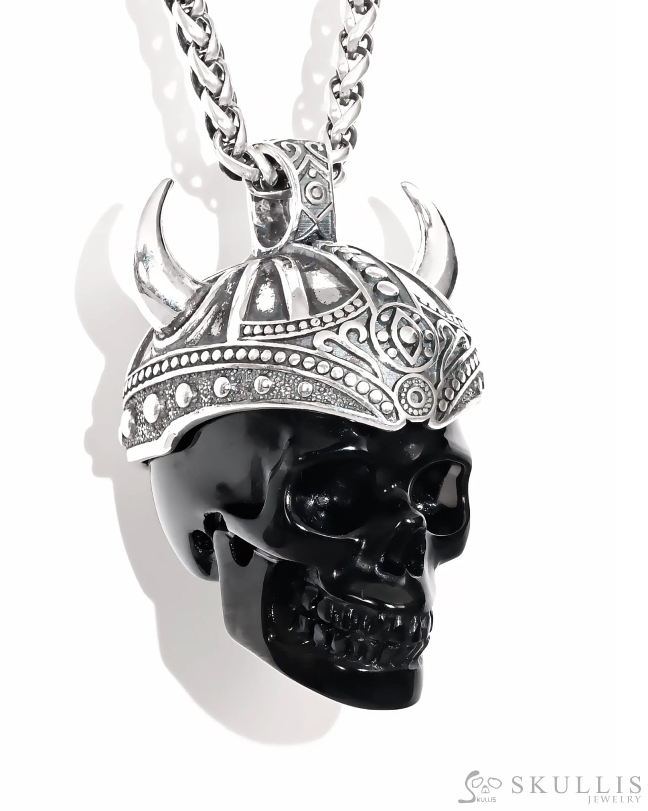 Gem Skull Pendant Necklace of Black Obsidian Carved Skull & 925 Sterling Silver -S0001781 Skull Pendants