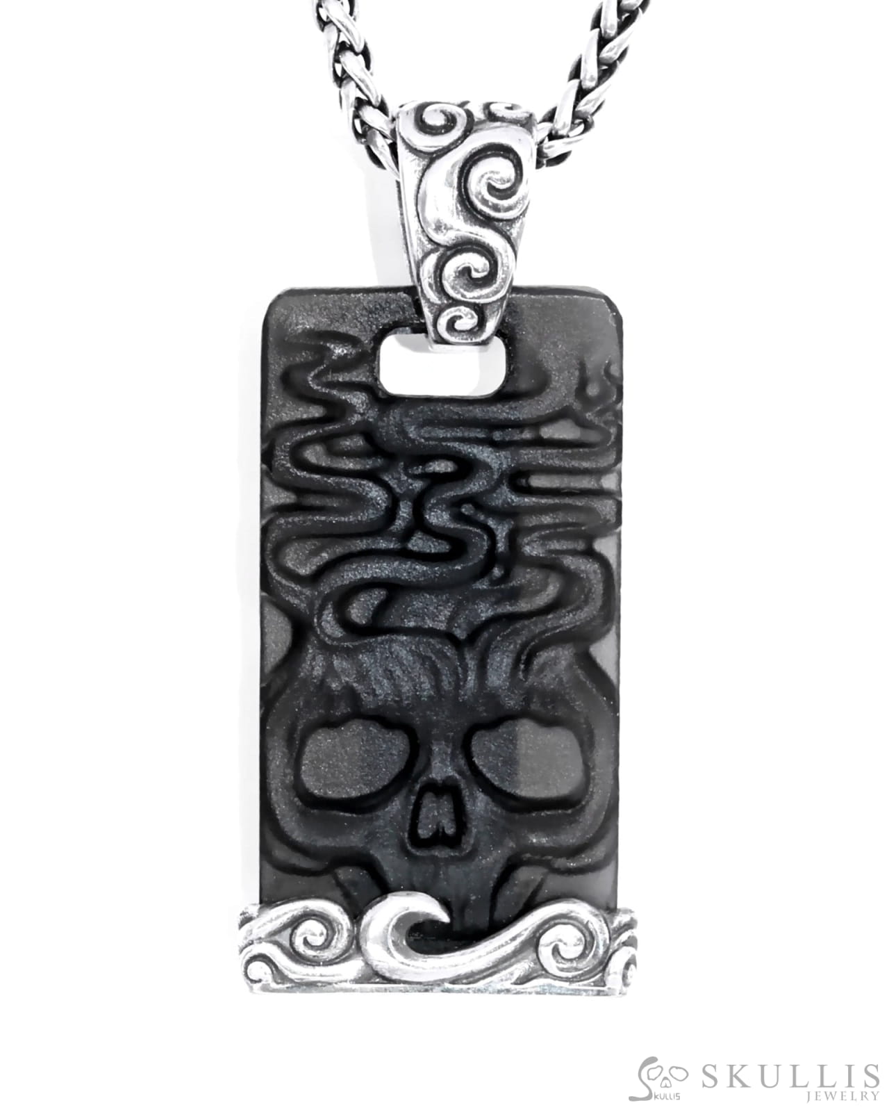 Gem Skull Pendant Necklace of Black Obsidian Carved Skull & 925 Sterling Silver Skull Pendants