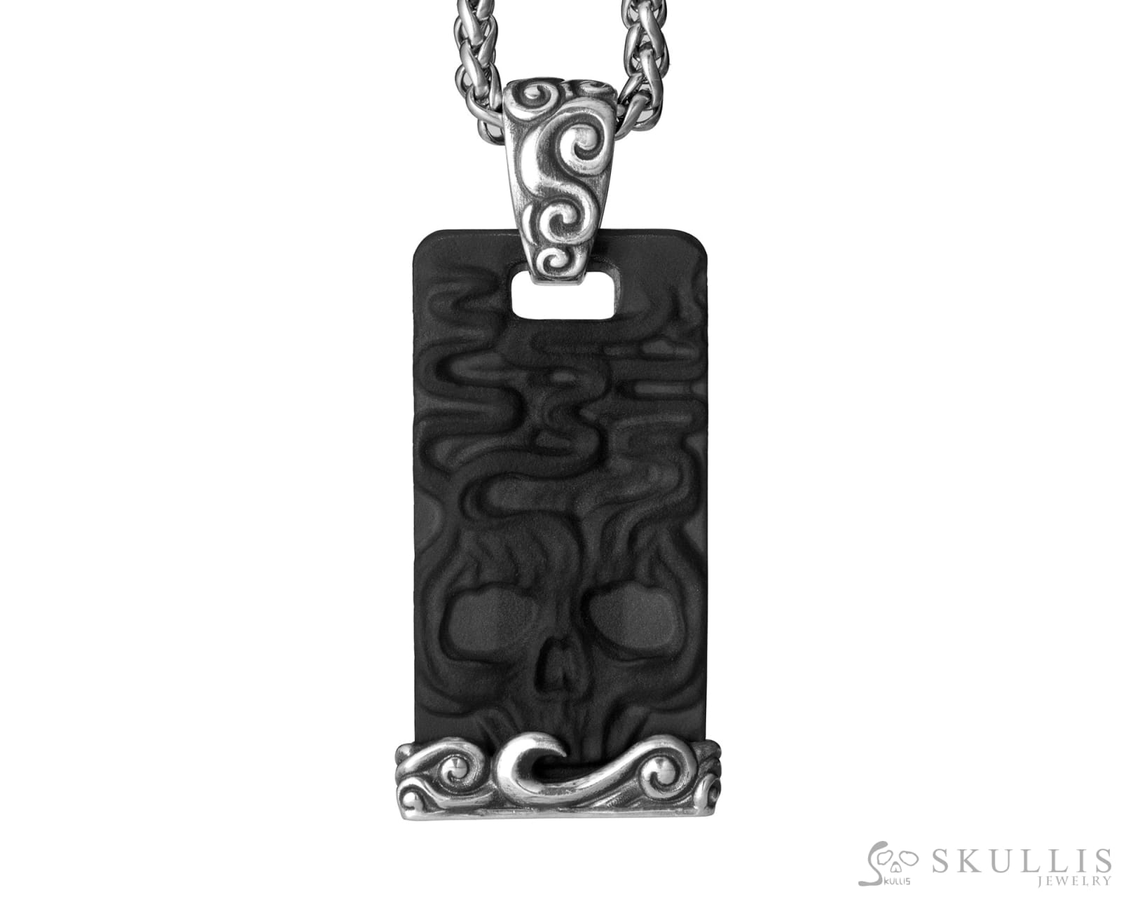Gem Skull Pendant Necklace of Black Obsidian Carved Skull & 925 Sterling Silver Skull Pendants