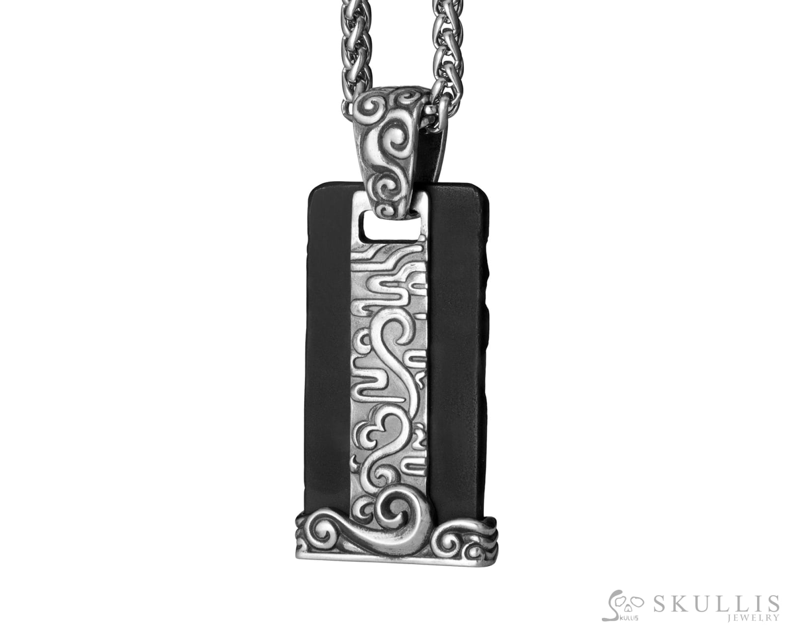 Gem Skull Pendant Necklace of Black Obsidian Carved Skull & 925 Sterling Silver Skull Pendants