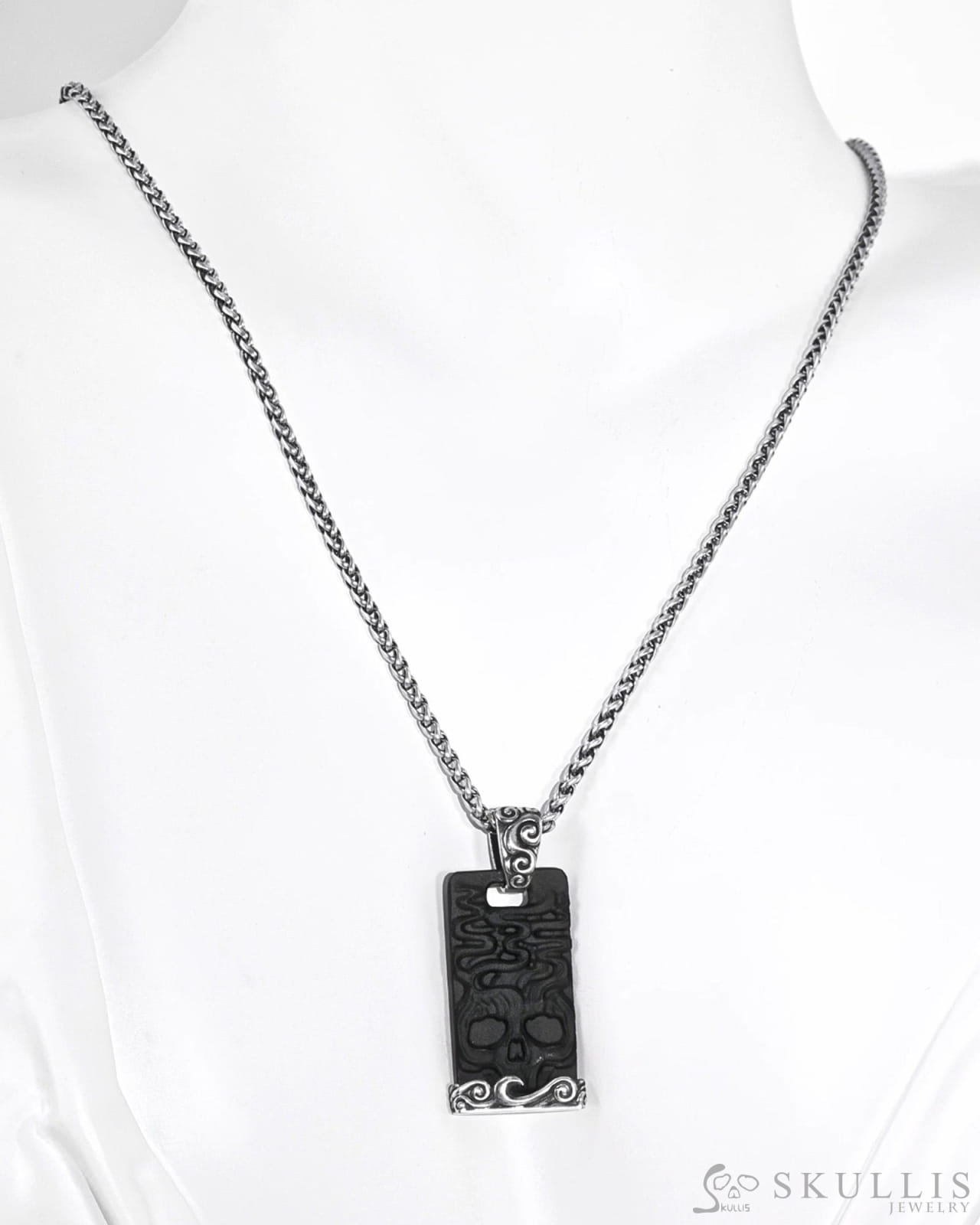 Gem Skull Pendant Necklace of Black Obsidian Carved Skull & 925 Sterling Silver Skull Pendants