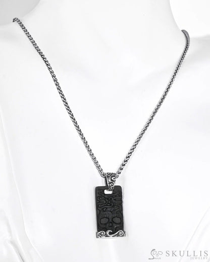 Gem Skull Pendant Necklace of Black Obsidian Carved Skull & 925 Sterling Silver Skull Pendants