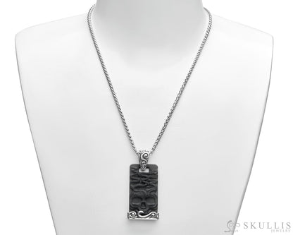Gem Skull Pendant Necklace of Black Obsidian Carved Skull & 925 Sterling Silver Skull Pendants