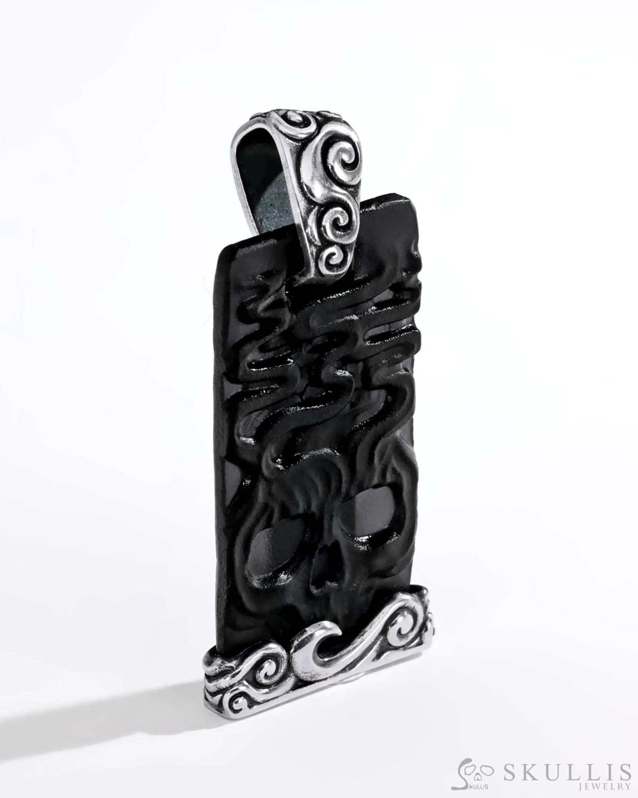 Gem Skull Pendant Necklace of Black Obsidian Carved Skull & 925 Sterling Silver Skull Pendants