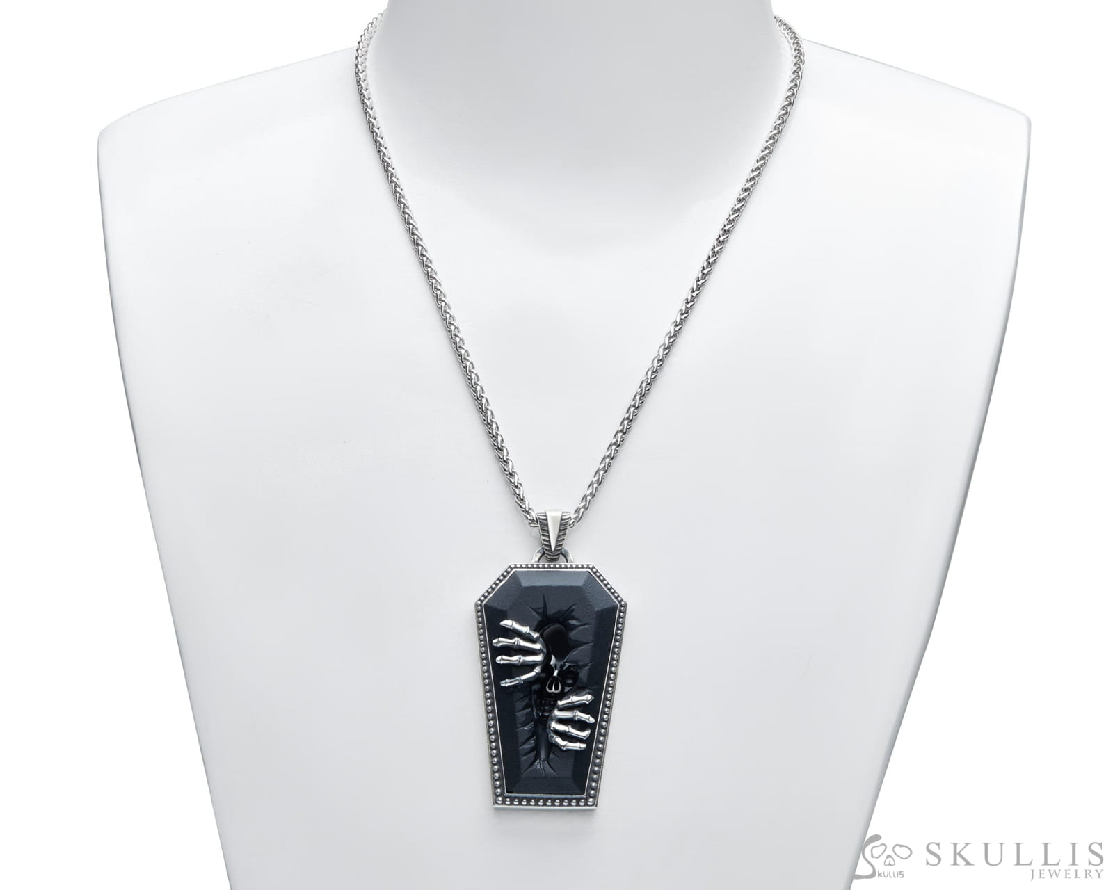 Gem Skull Pendant Necklace of Black Obsidian Carved Skull & 925 Sterling Silver Pharaoh’s Coffin Skull Pendants