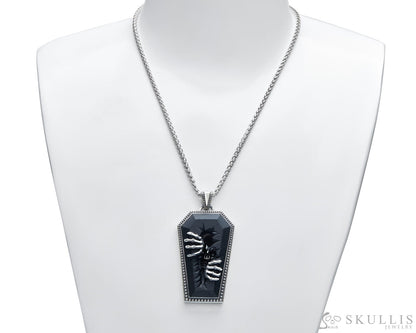 Gem Skull Pendant Necklace of Black Obsidian Carved Skull & 925 Sterling Silver Pharaoh’s Coffin Skull Pendants
