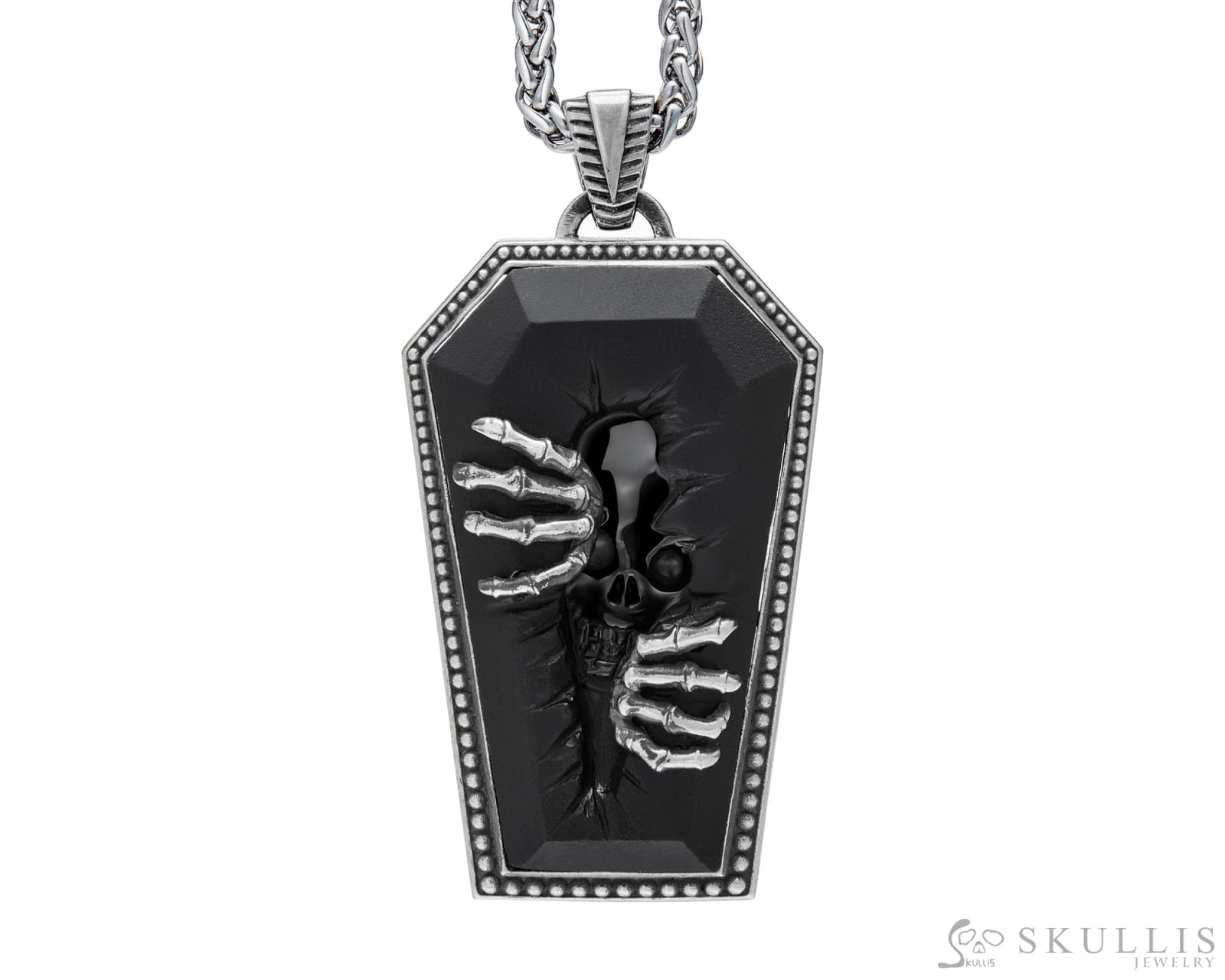 Gem Skull Pendant Necklace of Black Obsidian Carved Skull & 925 Sterling Silver Pharaoh’s Coffin Skull Pendants