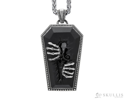 Gem Skull Pendant Necklace of Black Obsidian Carved Skull & 925 Sterling Silver Pharaoh’s Coffin Skull Pendants