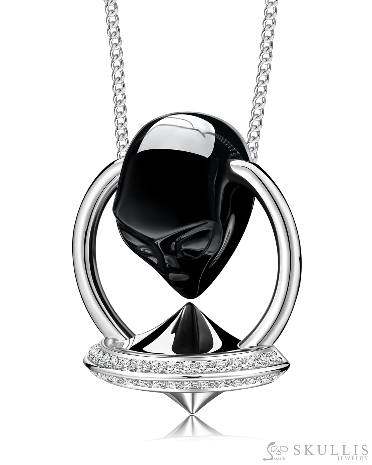 Gem Skull Pendant Necklace of Black Obsidian Carved Alien in 925 Silver UFO Skull Pendants