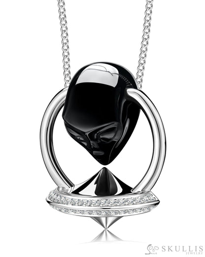 Gem Skull Pendant Necklace of Black Obsidian Carved Alien in 925 Silver UFO Skull Pendants