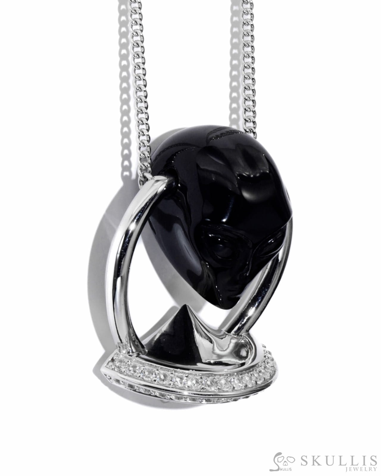 Gem Skull Pendant Necklace Of Black Obsidian Carved Alien In 925 Silver Ufo Pendants