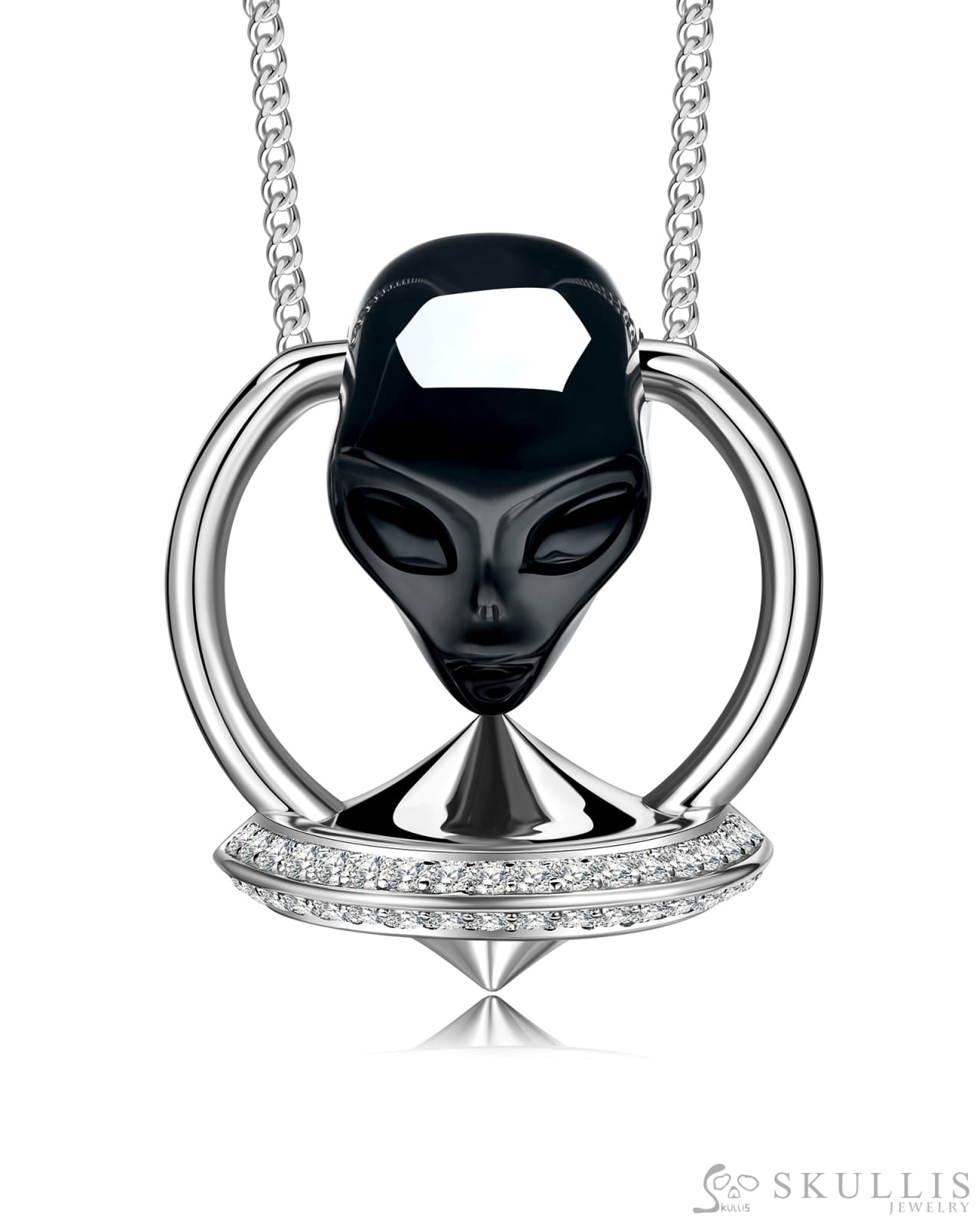 Gem Skull Pendant Necklace of Black Obsidian Carved Alien in 925 Silver UFO Skull Pendants