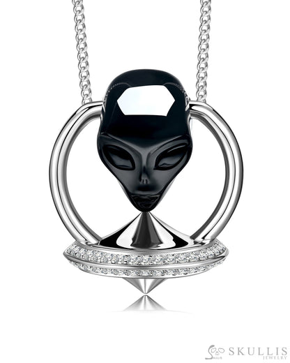 Gem Skull Pendant Necklace of Black Obsidian Carved Alien in 925 Silver UFO Skull Pendants