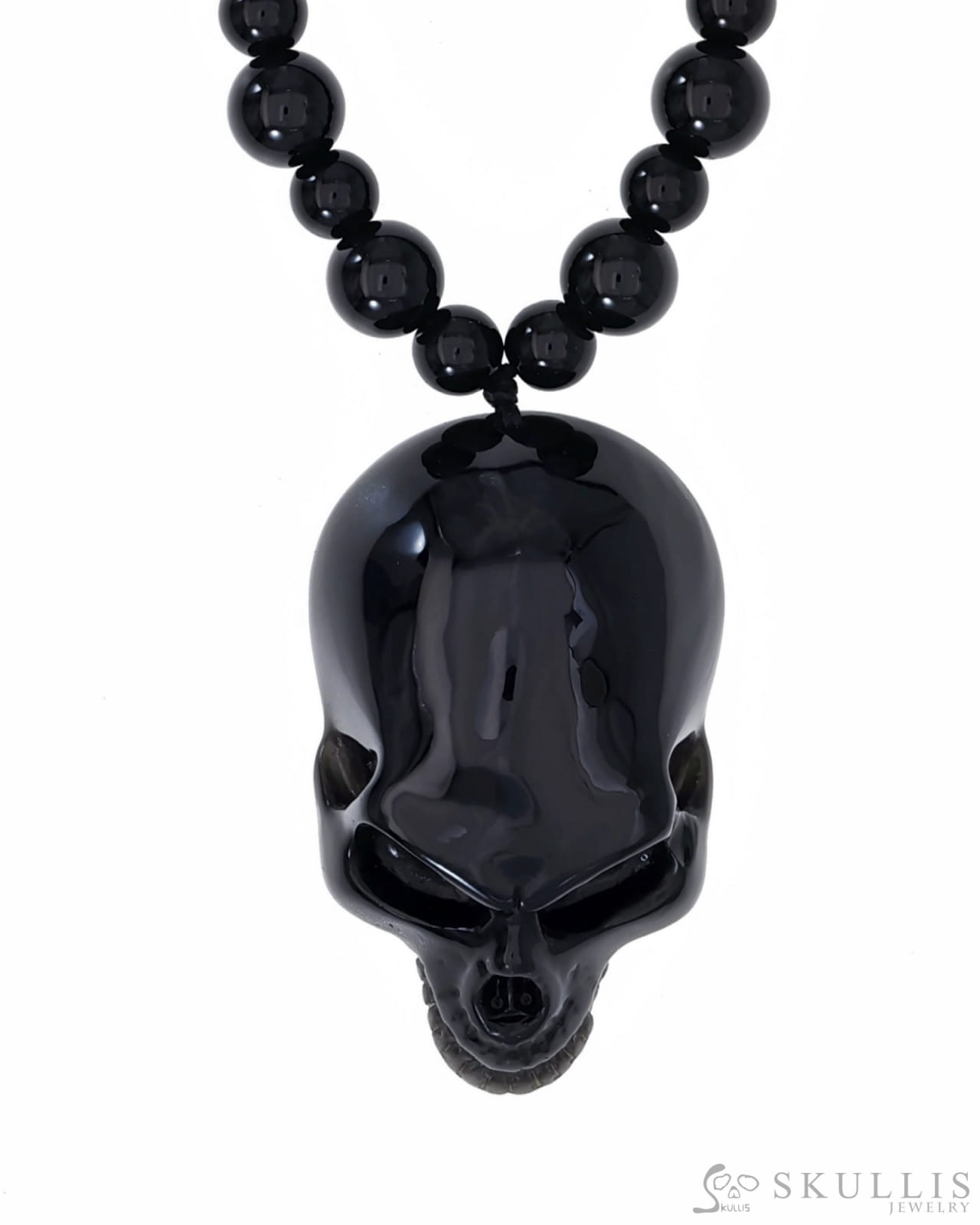 Gem Skull Pendant Necklace Of Black Obsidian Carved Skull And Beads Skull Pendants