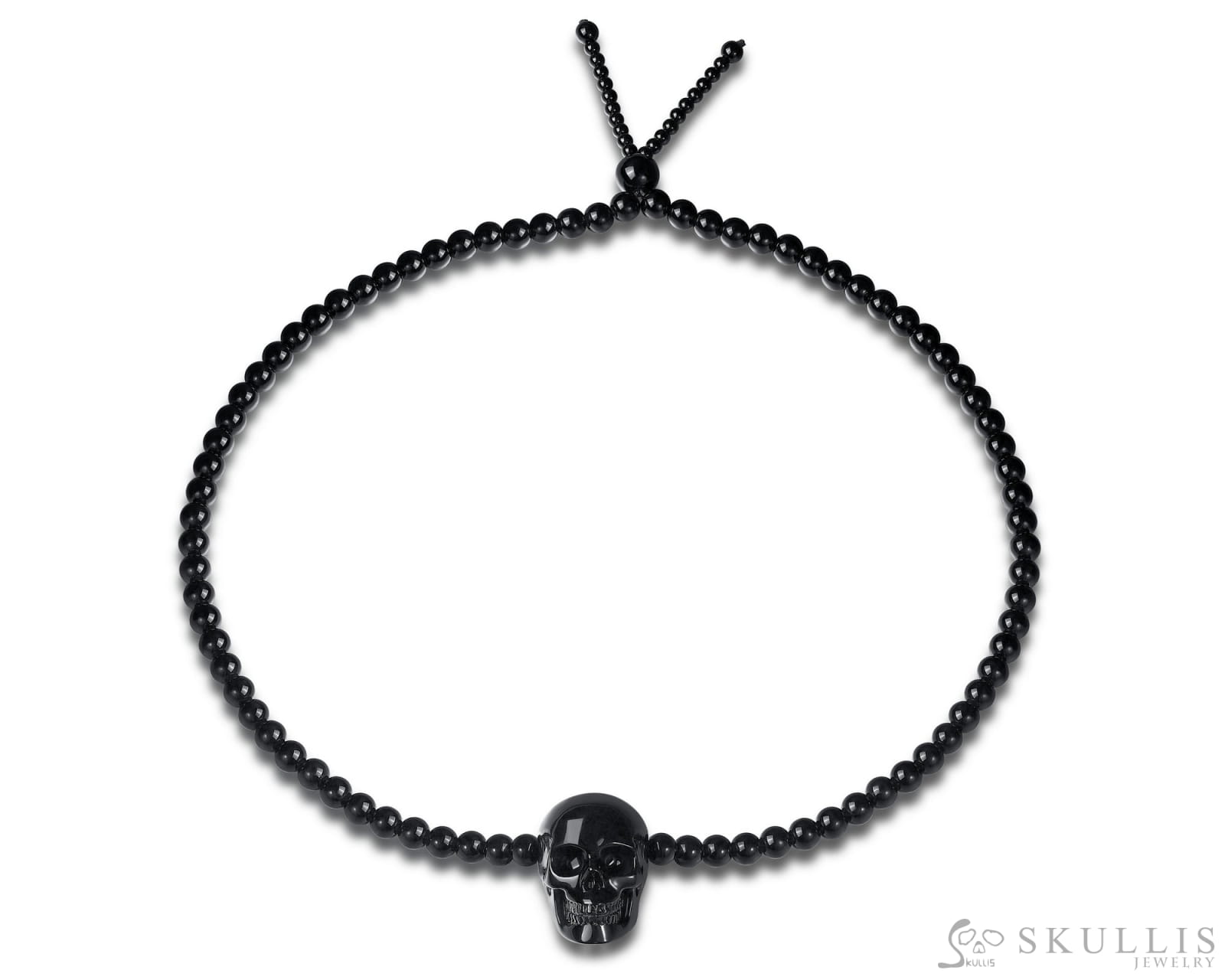 Gem Skull Pendant Necklace Of Black Obsidian Carved Skull And Beads Pendants