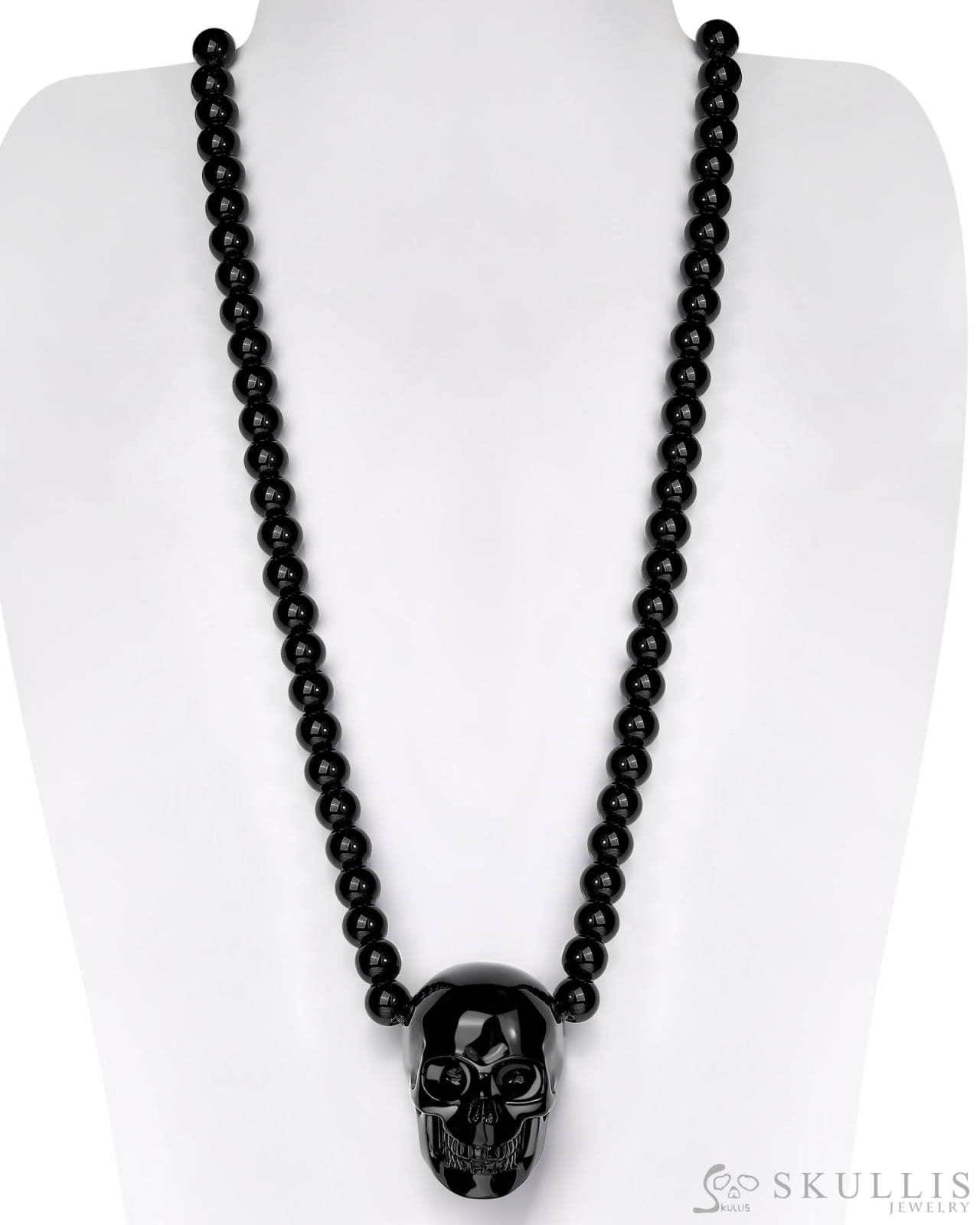 Gem Skull Pendant Necklace Of Black Obsidian Carved Skull And Beads Pendants