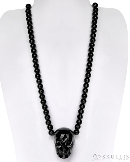 Gem Skull Pendant Necklace Of Black Obsidian Carved Skull And Beads Pendants