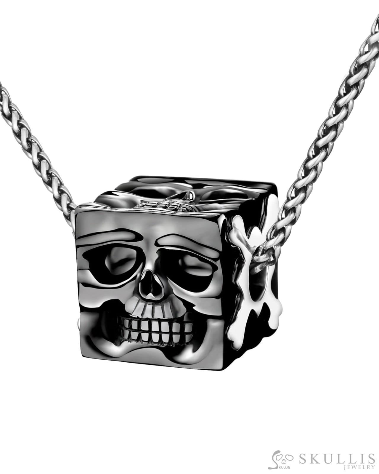 Gem Skull Pendant Necklace Of Black Obsidian Carved Cube With Four Skull Faces In