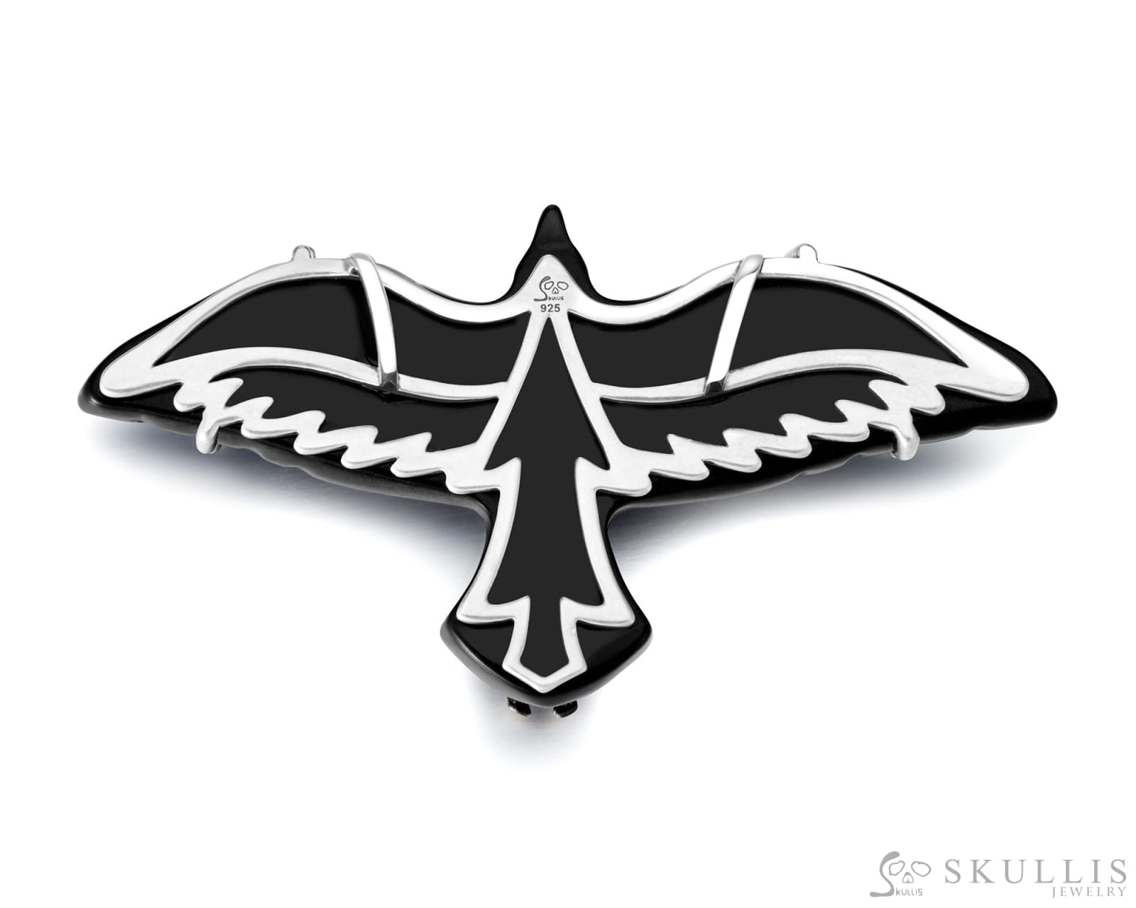 Gem Skull Pendant Necklace of Black Obsidian Carved Eagle & 925 Sterling Silver Skeleton Frame Skull Pendants