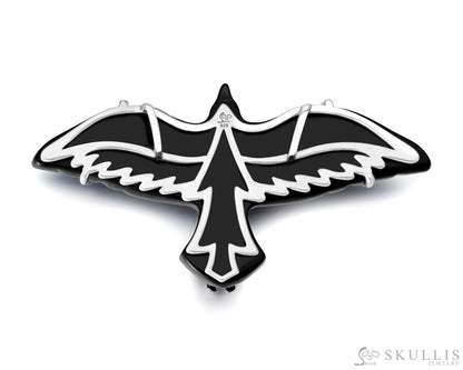 Gem Skull Pendant Necklace of Black Obsidian Carved Eagle & 925 Sterling Silver Skeleton Frame Skull Pendants